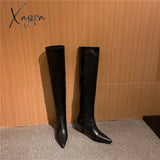 Xajzpa - Meotina Pleated Real Leather High Heel Long Boots Women Shoes Pointed Toe Stiletto Heels