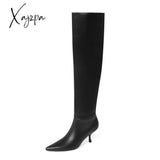 Xajzpa - Meotina Pleated Real Leather High Heel Long Boots Women Shoes Pointed Toe Stiletto Heels