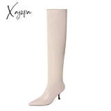 Xajzpa - Meotina Pleated Real Leather High Heel Long Boots Women Shoes Pointed Toe Stiletto Heels