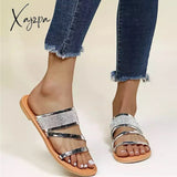 Xajzpa - Metallic Rhinestone Decor Slide Sandals