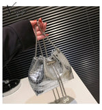 Xajzpa - Mini Crocodile Embossed Bucket Bag Drawstring Crossbody Shoulder & Purse For Women Silver