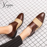 Xajzpa - Monk Shoes Men Classic Three-Stage Business Casual Pu Stitching Canvas Double Buckle Dress