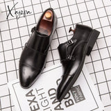 Xajzpa - Monk Shoes Men Classic Three-Stage Business Casual Pu Stitching Canvas Double Buckle Dress