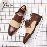 Xajzpa - Monk Shoes Men Classic Three-Stage Business Casual Pu Stitching Canvas Double Buckle Dress