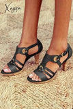 Xajzpa - Multi Strap Hollow Heels Sandals 5 / Black