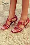 Xajzpa - Multi Strap Hollow Heels Sandals 5 / Red