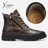 Xajzpa - Natural Cow Leather Men Boots Top Quality Handmade Retro Genuine #Cx9550 Brown No Fur / 39