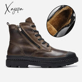 Xajzpa - Natural Cow Leather Men Boots Top Quality Handmade Retro Genuine #Cx9550 Brown With Fur /