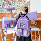 Xajzpa - New 4 Pcs Sets Purple Colour Children's School Backpack Kawaii Women's Backpack Bookbag School Bags for Teens Girls Mochila