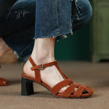 Xajzpa - New Arrival Open-Toed Roman Sandals For Women Summer Green Kid Suede Shoes Buckle Strap