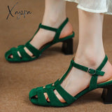 Xajzpa - New Arrival Open-Toed Roman Sandals For Women Summer Green Kid Suede Shoes Buckle Strap