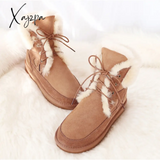 Xajzpa - New Australia Boots Genuine Sheepskin Leather Snow Women Wool Shoes Suede Sheep Fur Flat