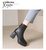 Xajzpa - New Autumn Winter Leather Short Boots Women Square High Heel Shoes Zipper All Match Ankle