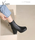 Xajzpa - New Autumn Winter Leather Short Boots Women Square High Heel Shoes Zipper All Match Ankle