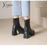 Xajzpa - New Autumn Winter Leather Short Boots Women Square High Heel Shoes Zipper All Match Ankle