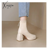 Xajzpa - New Autumn Winter Leather Short Boots Women Square High Heel Shoes Zipper All Match Ankle