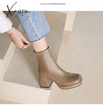 Xajzpa - New Autumn Winter Leather Short Boots Women Square High Heel Shoes Zipper All Match Ankle