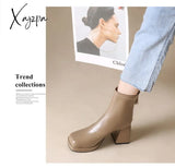 Xajzpa - New Autumn Winter Leather Short Boots Women Square High Heel Shoes Zipper All Match Ankle