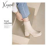 Xajzpa - New Autumn Winter Leather Short Boots Women Square High Heel Shoes Zipper All Match Ankle