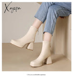 Xajzpa - New Autumn Winter Leather Short Boots Women Square High Heel Shoes Zipper All Match Ankle