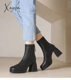 Xajzpa - New Autumn Winter Leather Short Boots Women Square High Heel Shoes Zipper All Match Ankle