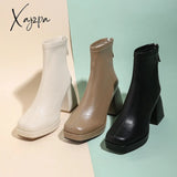 Xajzpa - New Autumn Winter Leather Short Boots Women Square High Heel Shoes Zipper All Match Ankle