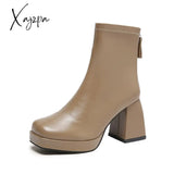 Xajzpa - New Autumn Winter Leather Short Boots Women Square High Heel Shoes Zipper All Match Ankle