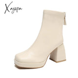 Xajzpa - New Autumn Winter Leather Short Boots Women Square High Heel Shoes Zipper All Match Ankle