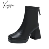 Xajzpa - New Autumn Winter Leather Short Boots Women Square High Heel Shoes Zipper All Match Ankle