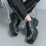 Xajzpa - New Black Loafers Platform Men Shoes Round Toe Solid Lace-Up Size 38-45 Free Shipping Mens