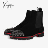 Xajzpa - New Black Men Chelsea Boots Flock Rivet Square Toe Red Sole Punk Handmade Short Free