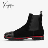 Xajzpa - New Black Men Chelsea Boots Flock Rivet Square Toe Red Sole Punk Handmade Short Free