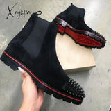 Xajzpa - New Black Men Chelsea Boots Flock Rivet Square Toe Red Sole Punk Handmade Men Short Boots Free Shipping Bottes Pour Hommes