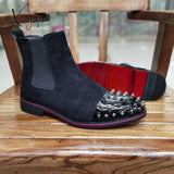 Xajzpa - New Black Men Chelsea Boots Flock Rivet Square Toe Red Sole Punk Handmade Short Free