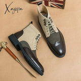 Xajzpa - New Block Men’s Boots Square Toe Lace-Up Short Mixed Color Handmade Men Botas De Hombre