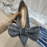 Xajzpa - New Blue Square Toe Bowknot Princess Single Shoes Spring And Summer Denim Shallow Mouth