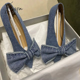 Xajzpa - New Blue Square Toe Bowknot Princess Single Shoes Spring And Summer Denim Shallow Mouth