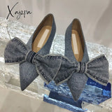 Xajzpa - New Blue Square Toe Bowknot Princess Single Shoes Spring And Summer Denim Shallow Mouth