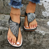 Xajzpa - New Bohemian Style Women Casual Summer Beach Sandals Rhinestone Decor Clip Toe Lady Flat