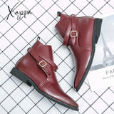 Xajzpa - New Boots For Men High Quality Black Brown Red Buckle Business Boot Vintage Casual Classic