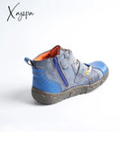 Xajzpa - New British Retro Flat Heel Short Lace-Up Tube Motorcycle Boots Women Blue / 36