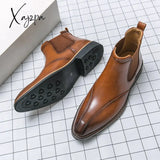 Xajzpa - New Brown Chelsea Boots For Men Ankle Business Square Toe Slip-On Mens Free Shipping Size