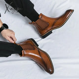 Xajzpa - New Brown Chelsea Boots For Men Ankle Business Square Toe Slip-On Mens Free Shipping Size