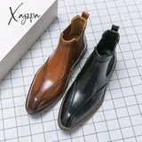 Xajzpa - New Brown Chelsea Boots For Men Ankle Business Square Toe Slip-On Mens Free Shipping Size