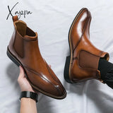 Xajzpa - New Brown Chelsea Boots For Men Ankle Business Square Toe Slip-On Mens Free Shipping Size