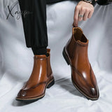 Xajzpa - New Brown Chelsea Boots For Men Ankle Business Square Toe Slip-On Mens Free Shipping Size