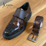 Xajzpa - New Brown Loafers Buckle Strap Round Toe Shoes for Men Wedding Black Pu Men Dress Shoes Free Shipping Size 38-46