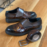 Xajzpa - New Brown Loafers Buckle Strap Round Toe Shoes For Men Wedding Black Pu Dress Free