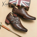 Xajzpa - New Brown Loafers Casual Shoes Decorative Pattern Double Buckle Thick Heel Breathable