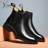 Xajzpa - New Chelsea Boots For Men Black Low-Heeled Business Round Toe Slip-On Shoes With Free